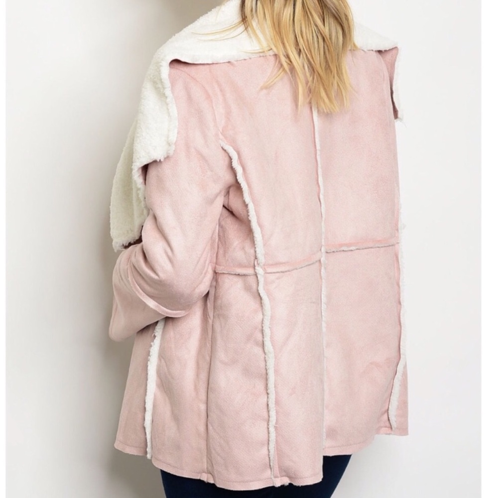 dusty pink faux suede open coat w shearling collar - Picture 3 of 3